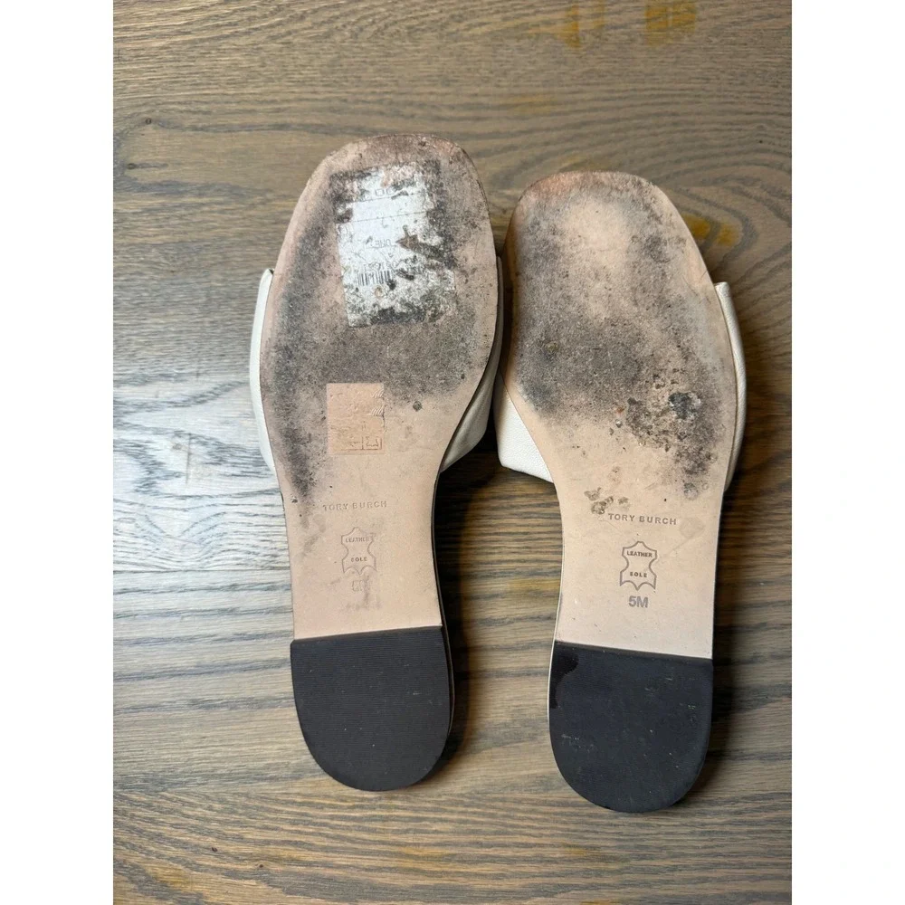 Tory Burch Eleanor Slide Sandals New Ivory Leather Gold Logo Flat 5M